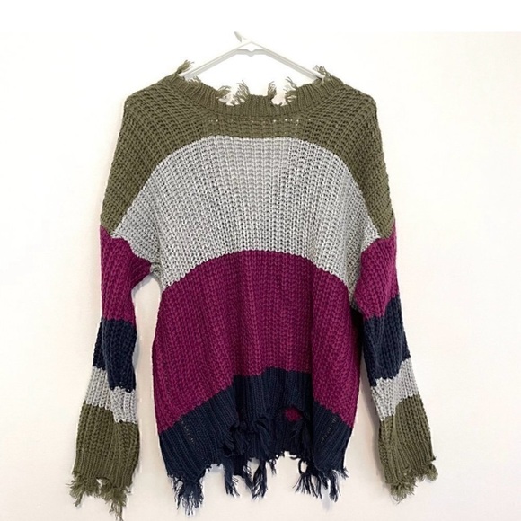 EE:SOME Olive Green Gray Purple Colorblock Striped Chunky Distressed - Picture 11 of 12